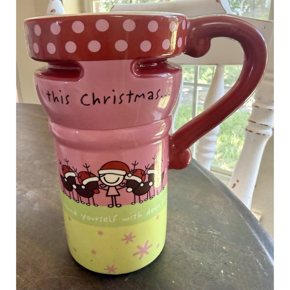 GANZ Ceramic Christmas Travel Mug, "Deer Friends" Design, Pink/Lime Green, 16 oz